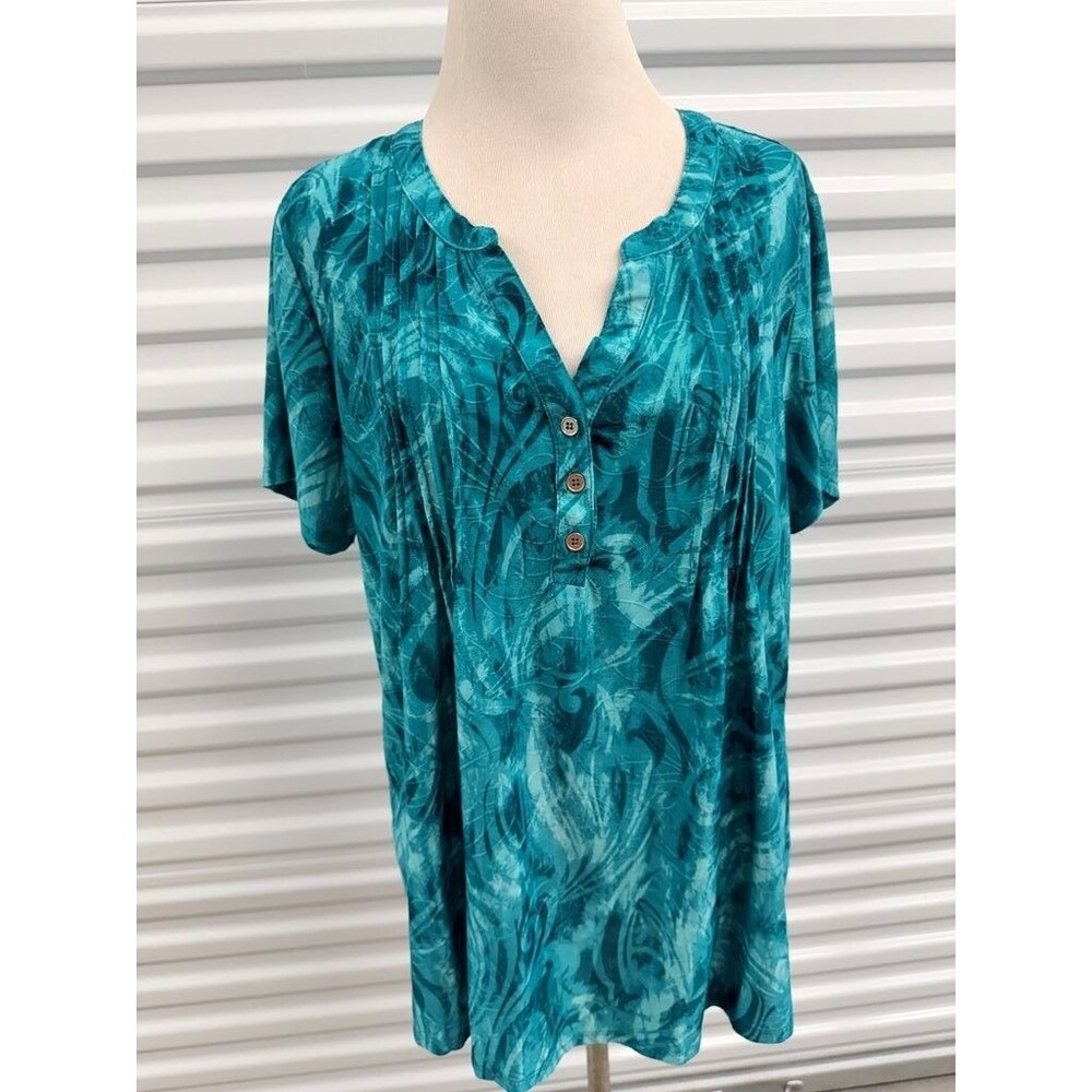 NY Collection Women's Teal Patterned Blouse